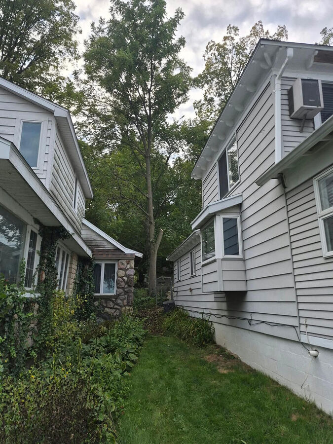 Narrow overgrown side yard between two houses with ivy and brush along the foundation and a mowed grass path through the center.